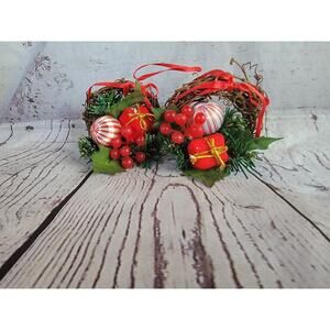Set of 2 Mini Christmas Wreath Ornaments with Gift Berries Rustic Holiday Decor